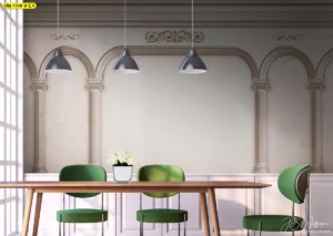 วอลเปเปอร์ลายซุ้มประตูโรมันและเสาโรมันโบราณ สร้างจุดเด่นให้ผนังห้องอาหารดูมีเรื่องราว เสมือนนั่งทานอาหารในสถาปัตยกรรมยุโรป