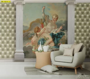 วอลเปเปอร์สั่งพิมพ์ลายภาพวาดศิลปะคลาสสิกยุโรปรูปคิวปิดและหญิงสาวคู่เสาโรมันบนพื้นหลังลายบุหนังสีเขียวมะกอกตกแต่งมุมพักผ่อนให้ดูอาร์ต