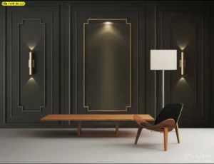 ภาพวอลเปเปอร์ติดผนังลายกรุผนังสีเทาเข้มตัดเส้นขอบทองตรงกลางสไตล์โมเดิร์น แมตช์กับเฟอร์นิเจอร์ไม้และโคมไฟตั้งพื้นได้อย่างลงตัว