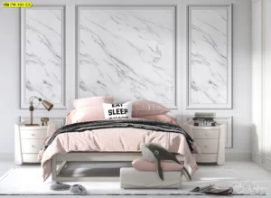 วอลเปเปอร์ติดผนังลายหินอ่อนสีขาวเทาลวดลายธรรมชาติกรุภายในกรอบบัวผนังช่วยให้ห้องนอนดูคลาสสิกและผ่อนคลาย