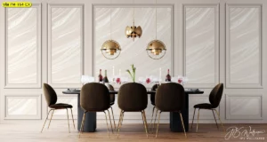 วอลเปเปอร์ลายหินอ่อนโทนสีครีมเบจลายเส้นพริ้วไหวตกแต่งห้องรับประทานอาหารให้ดูอบอุ่นและหรูหรามีระดับ