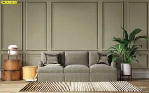 วอลเปเปอร์ทดแทนงานบิ้วอินลายกรอบสี่เหลี่ยมสีเขียวมะกอก สร้างบรรยากาศธรรมชาติที่แฝงความเท่และทันสมัยให้กับมุมพักผ่อน