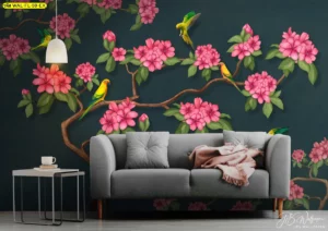 ภาพติดผนังลายดอกไม้และนกสีสด ให้ความรู้สึกสดชื่นมีชีวิตชีวา โดดเด่นด้วยโทนสีเข้มตัดกับดอกไม้ชมพู เหมาะกับห้องนั่งเล่นหรือร้านคาเฟ่สไตล์โมเดิร์นอบอุ่น
