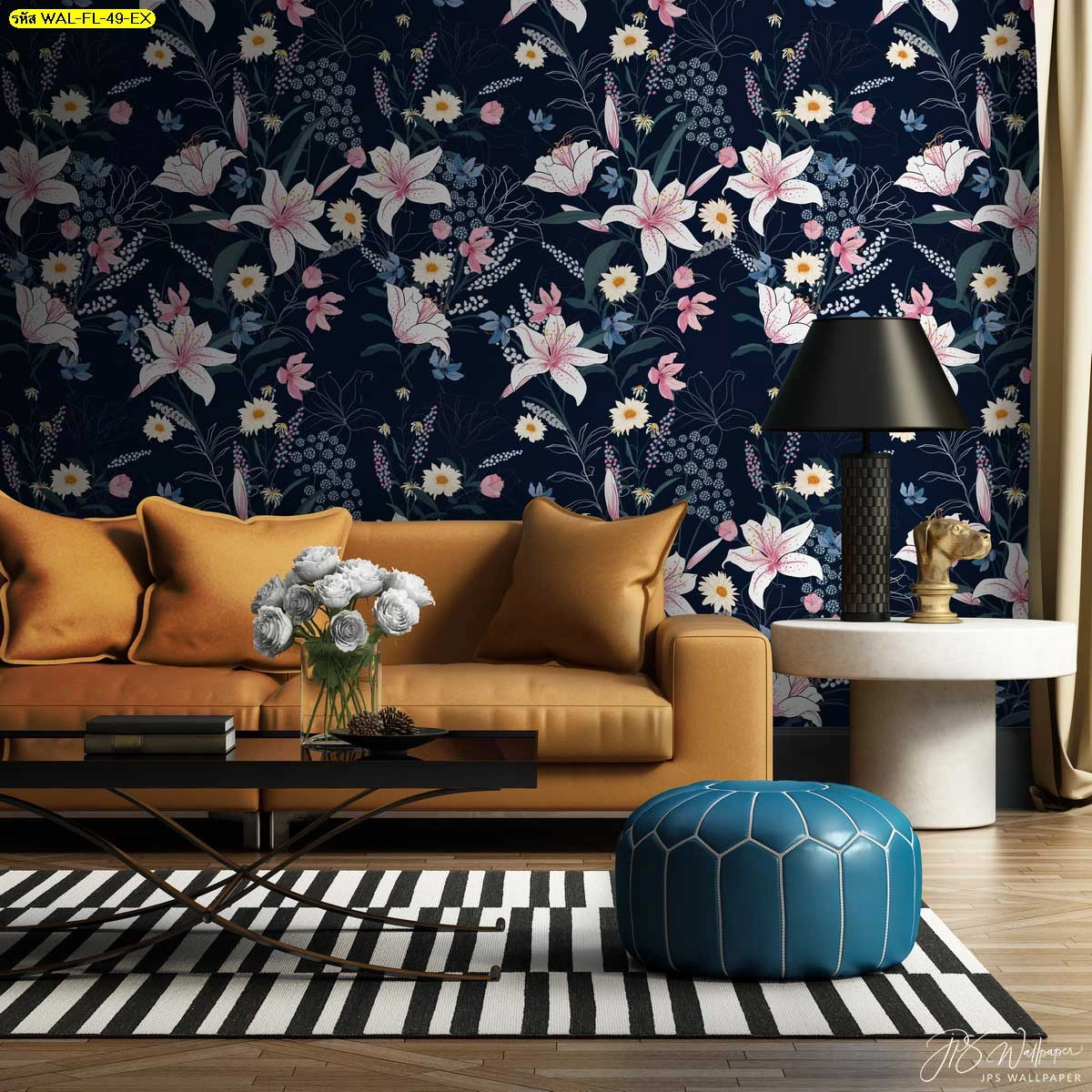 วอลเปเปอร์ลายดอกลิลลี่และพฤกษานานาพันธุ์บนพื้นหลังสีเข้ม ดีไซน์สวยงามสมจริงช่วยเปลี่ยนบรรยากาศภายในบ้านให้อบอุ่นและน่าค้นหา