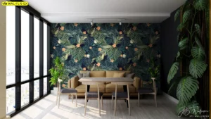 วอลเปเปอร์ใบไม้เขตร้อน โทนเขียวกรมท่า ตกแต่งด้วยดอกไม้สีอ่อน เสริมบรรยากาศสดชื่นทันสมัย เหมาะกับคอนโดหรือพื้นที่พักผ่อนที่ต้องการความผ่อนคลาย