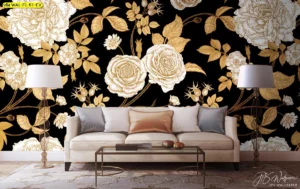 วอลเปเปอร์ลายดอกกุหลาบและใบไม้สีทองบนพื้นดำ ติดหลังโซฟาครีมในห้องรับรอง งานที่ต้องการภาพลักษณ์หรูหราให้กับล็อบบี้และมุมรับรองลูกค้า