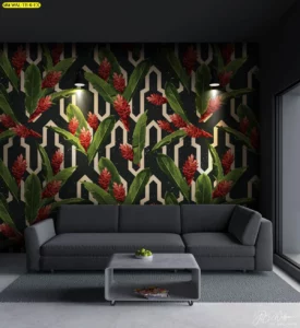 ภาพติดผนังลายใบไม้เขตร้อน โทนเขียวแดงตัดพื้นเข้ม ช่วยปรับบรรยากาศให้ดูโมเดิร์นแบบธรรมชาติ เหมาะสำหรับห้องรับรองหรือโถงทางเข้าที่ต้องการความโดดเด่น