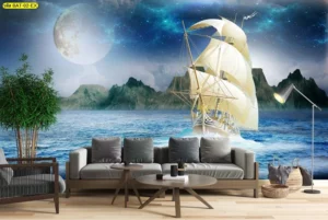 วอลเปเปอร์เรือสำเภาแฟนตาซีแล่นท่ามกลางแสงจันทร์และภูเขา ให้ความรู้สึกสงบและจินตนาการกว้างไกล เหมาะสำหรับห้องพักผ่อน