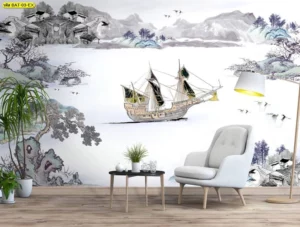 วอลเปเปอร์ลายเรือสำเภาจีนสไตล์ภาพวาดพู่กัน ตกแต่งห้องนั่งเล่นสไตล์โมเดิร์นคลาสสิก เสริมฮวงจุ้ยด้านการค้าขายและความสงบด้วยลายเส้นพู่กันจีนอันอ่อนช้อย