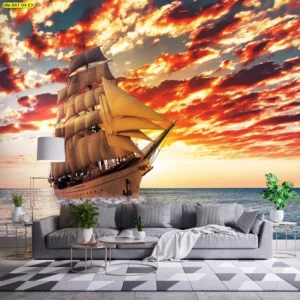 ภาพเรือสำเภาแล่นในบรรยากาศพระอาทิตย์ตกดินสีส้มแดง ให้พลังธาตุไฟกระตุ้นความกระตือรือร้นในการทำงานและการเจรจาธุรกิจ