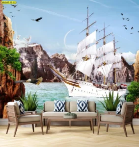 ตกแต่งผนังห้องนั่งเล่นด้วยภาพกราฟิกเรือสำเภาลำใหญ่แล่นผ่านโขดหิน สื่อถึงความแข็งแกร่งและการฟันฝ่าอุปสรรคจนประสบผลสำเร็จในธุรกิจ