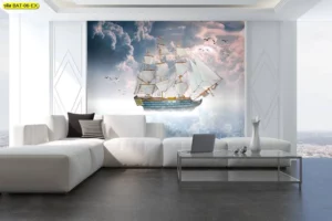 ภาพเรือสำเภาสีขาวสไตล์คลาสสิกแล่นท่ามกลางกลุ่มเมฆสีพาสเทล ให้ความรู้สึกนุ่มนวล สบายตา เหมาะสำหรับตกแต่งห้องนั่งเล่น