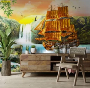 วอลเปเปอร์เรือสำเภาสีทองอร่ามแล่นหน้าน้ำตกธรรมชาติ สื่อถึงความอุดมสมบูรณ์และเงินทองไหลมาเทมา เหมาะกับการเสริมฮวงจุ้ยบ้าน
