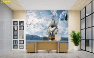 ไอเดียแต่งห้องทำงานผู้บริหารด้วย วอลเปเปอร์ลายเรือสำเภาโบราณกางใบเต็มที่ ท่ามกลางท้องฟ้าสดใส สื่อถึงความสำเร็จที่ยิ่งใหญ่