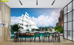 Mural Art ภาพเรือใบสไตล์โมเดิร์น สีขาวสะอาดตา แล่นเลียบเกาะแก่งธรรมชาติ สำหรับห้องประชุมยุคใหม่ที่ต้องการความโปร่งโล่งสบายตา