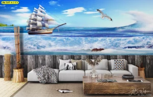 วอลเปเปอร์สั่งพิมพ์ภาพวิวทะเลและเรือใบขนาดใหญ่ สำหรับตกแต่งห้องรับแขกให้ดูกว้างขวาง สบายตา ด้วยโทนสีฟ้าครามของน้ำทะเล