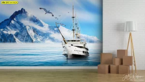 ภาพติดผนังลายเรือเดินสมุทรสีขาวตัดกับภูเขาน้ำแข็งและท้องฟ้าสีคราม เหมาะสำหรับตกแต่งมุมห้องโถงหรือทางเดินให้ดูโดดเด่นและทันสมัย