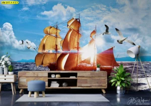 ภาพเรือสำเภาใบสีทองต้องแสงอาทิตย์สาดส่องเป็นประกาย สื่อถึงความรุ่งโรจน์และอนาคตที่สดใส เหมาะสำหรับติดตั้งทิศตะวันออก