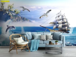 ภาพตกแต่งผนังห้องนั่งเล่นลายเรือใบสีขาวคู่กับปลาโลมาและภูเขา สไตล์โมเดิร์น ให้ความรู้สึกสงบและสดชื่นจากธรรมชาติ