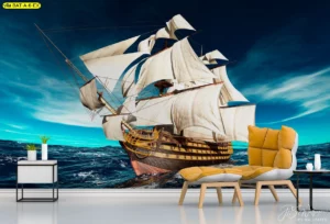 วอลเปเปอร์ลายเรือสำเภาโบราณกางใบเต็มที่แล่นฝ่าคลื่นลม สื่อถึงการไม่ย่อท้อต่ออุปสรรค ช่วยเสริมกำลังใจในการดำเนินธุรกิจ