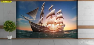 ภาพตกแต่งผนังลายเรือสำเภาลำใหญ่แล่นตัดคลื่นทะเลสีเข้ม สื่อถึงความมั่นคงหนักแน่น เหมาะสำหรับติดห้องประชุมหรือห้องทำงาน