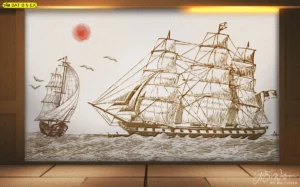 ภาพติดผนังลายเรือเดินสมุทรวินเทจสีซีเปีย สไตล์ลายเส้นสเก็ตช์ ให้ความรู้สึกย้อนยุคและคลาสสิก เหมาะสำหรับตกแต่งห้องทำงานที่ต้องการความสุขุมนุ่มลึก