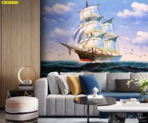 วอลเปเปอร์สั่งทำลายเรือใบกลางมหาสมุทร ท้องฟ้าสดใส ตกแต่งหลังโซฟาในห้องนั่งเล่นสไตล์โมเดิร์น ช่วยเปิดมุมมองให้ห้องดูกว้างขวาง สบายตา และผ่อนคลาย