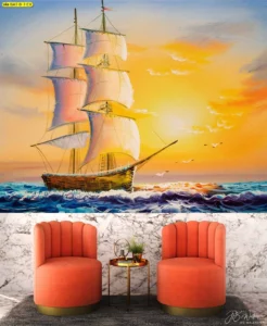 วอลเปเปอร์ลายภาพวาดเรือสำเภาแล่นในทะเลตอนพระอาทิตย์ตกดิน ท้องฟ้าสีทองส่องประกาย ตัดกับเก้าอี้กำมะหยี่สีส้มในห้องรับรองแขกสุดหรูเพื่อความมั่งคั่ง