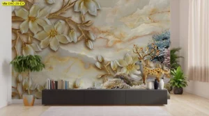 ภาพติดผนังห้องลายกวางสามมิติยืนคู่กับดอกไม้สีขาวนูนต่ำบนพื้นหลังลายหินอ่อนสีครีมน้ำตาลให้ความรู้สึกอบอุ่น