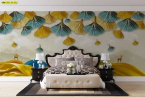วอลเปเปอร์ตกแต่งหัวเตียงลายใบแปะก๊วยห้อยระย้าสีทองและสีเขียวฟ้าพร้อมกวางตัวเล็กเดินบนเนินเขาสีทองดูมินิมอล