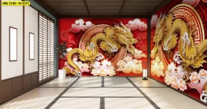 ภาพติดผนังห้องนั่งเล่นสไตล์จีนโมเดิร์นลายมังกรทองทะยานฟ้าบนพื้นหลังสีแดงมงคลช่วยเรียกทรัพย์และพลังงานบวกเข้าสู่ตัวบ้าน