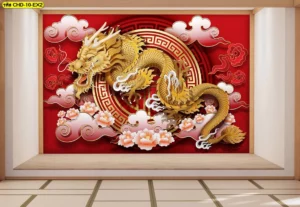 รับพิมพ์วอลเปเปอร์ติดผนังลายจีนทองรูปมังกรทะยานฟ้าท่ามกลางหมู่เมฆมงคลพื้นหลังสีแดงแรงฤทธิ์เสริมโชคลาภและความรุ่งเรือง