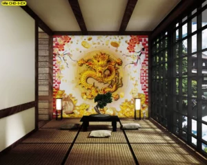 ภาพติดผนังห้องนั่งเล่นสไตล์จีนโมเดิร์นลายมังกรสีทองพร้อมเหรียญทองมงคลช่วยเรียกทรัพย์เข้าบ้านตามหลักฮวงจุ้ยยุคใหม่