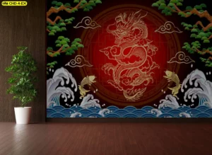 วอลเปเปอร์ลายมังกรทองและปลามงคลแต่งผนังห้องทำงานช่วยเสริมบารมีอำนาจและการเจรจาธุรกิจให้ราบรื่นสำเร็จตามเป้าหมาย