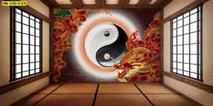 ภาพพิมพ์วอลเปเปอร์ลายมังกรทองและสัญลักษณ์หยินหยางสร้างความสมดุลของพลังงานภายในบ้านเพื่อความสงบสุขของผู้อยู่อาศัย