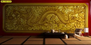 วอลเปเปอร์ลายมังกรทองแกะสลักนูนต่ำตกแต่งห้องจิบชาเพิ่มความโอ่อ่าให้สถานที่ดูมีระดับและมีรสนิยมแบบเอเชียร่วมสมัย