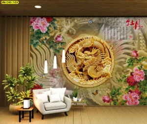 วอลเปเปอร์ลายมังกรทองล้อมรอบด้วยดอกโบตั๋นสีชมพูภาพมงคลแต่งห้องรับแขกหรูเสริมความร่ำรวยและความรักที่สมบูรณ์แบบ