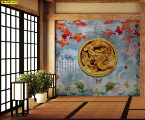 วอลเปเปอร์ลายมังกรทองในวงกลมมงคลท่ามกลางวิวธรรมชาติและดอกบัวช่วยเสริมฮวงจุ้ยและบารมีให้ห้องนั่งเล่นดูหรูหรามีระดับ