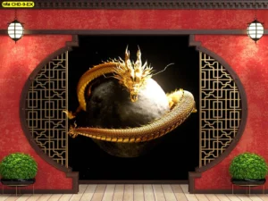 ภาพวิวมังกรทองแต่งร้านอาหารจีนในกรอบวงกลมลายฉลุสวยงามโดดเด่นช่วยสร้างเอกลักษณ์ที่น่าจดจำให้แก่ลูกค้าที่มาใช้บริการ