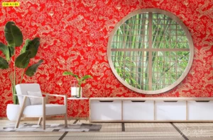 รับพิมพ์วอลเปเปอร์ติดผนังลายจีนทองลายเส้นละเอียดสีแดงทองประดับหน้าต่างวงกลมสร้างบรรยากาศห้องรับแขกให้ดูทันสมัยสไตล์เอเชีย