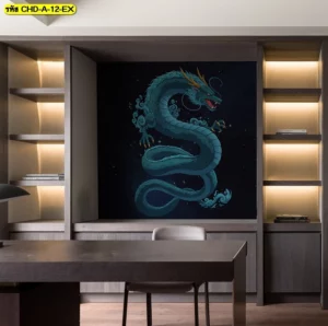 วอลเปเปอร์ฮวงจุ้ยมังกรสีน้ำเงินเข้มในชั้นวางบิลท์อินโทนไม้ช่วยเสริมบารมีและสร้างความน่าเกรงขามในห้องทำงานผู้บริหาร