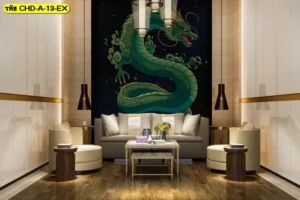 ภาพมังกรตกแต่งห้องทำงานเสริมบารมีสีเขียวเหนี่ยวนำโชคลาภตกแต่งหลังโซฟาในห้องรับรองสไตล์โมเดิร์นลักชูรีที่ดูหรูหรา