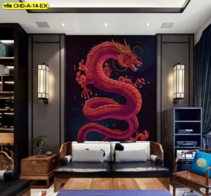 วอลเปเปอร์ฮวงจุ้ยมังกรสีแดงเพลิงสไตล์ดาร์กอาร์ตติดตั้งในห้องนั่งเล่นดีไซน์จีนร่วมสมัยช่วยเสริมพลังอำนาจและโชคลาภ