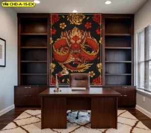 วอลเปเปอร์มังกรแดงเสริมฮวงจุ้ยห้องทำงานสไตล์กราฟิกสมัยใหม่พื้นหลังสีดำทองติดตั้งในช่องบิลท์อินชั้นวางหนังสือ