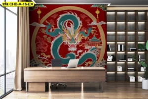 ห้องทำงานผู้บริหารตกแต่งด้วยวอลเปเปอร์ลายมังกรจักรพรรดิสีเขียวบนพื้นแดง ล้อมรอบด้วยลวดลายมงคล เสริมอำนาจบารมีและความน่าเชื่อถือ