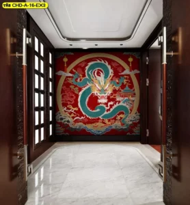 มุมมองจากโถงทางเดินเข้าสู่ห้องที่มีวอลเปเปอร์ลายมังกรจีนสีแดงสด ตกแต่งภายในสไตล์ลักชูรี่ด้วยพื้นหินอ่อนและประตูไม้สีเข้มดูหรูหรา