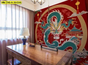 โต๊ะทำงานไม้ในห้องที่มีแสงธรรมชาติส่องถึง ตกแต่งผนังด้วยวอลเปเปอร์ลายมังกรสีแดงทอง ช่วยเสริมฮวงจุ้ยด้านการทำงานและดึงดูดความสำเร็จ