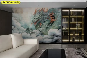 ภาพวอลเปเปอร์ศิลปะพู่กันจีนลายมังกรแบบโมเดิร์น ในห้องรับแขกสีขาวดำเน้นความเรียบหรูสไตล์ Luxury ที่มีความสวยงามระดับสากล