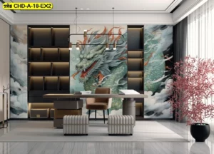 วอลเปเปอร์มังกรทองตกแต่งห้องทำงานผู้บริหาร โทนสีเทาเข้มตัดกับลายเส้นพู่กันสีขาวช่วยสร้างความสุขุมนุ่มลึกและพลังอำนาจในการตัดสินใจ