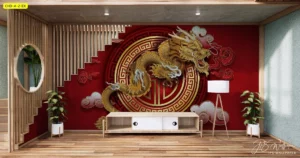 วอลเปเปอร์ลายมังกรทองลายนูน 3D ตกแต่งหลังชั้นวางทีวีช่วยสร้างจุดเด่นให้ห้องโถงดูโอ่อ่าและเสริมความเป็นสิริมงคลให้ผู้อยู่อาศัย